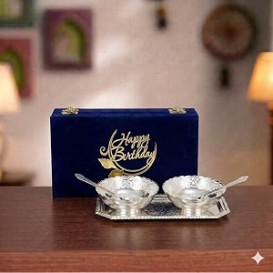 international gift german silver lotus bowl spoon tray or carry bag with happy birthday tag with luxury velvet box packing used for dry fruit sweets snacks and return gifts