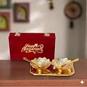 INTERNATIONAL GIFT German Silver Lotus Bowl Spoon Tray Or Carry Bag with Happy Anniversary Customized Box with Luxury Velvet Box Packing Used for Dry Fruit, Sweets, Snacks and Return Gifts