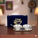 INTERNATIONAL GIFT German Silver Lotus Bowl Spoon Tray Or Carry Bag with Happy Birthday Tag with Luxury Velvet Box Packing Used for Dry Fruit, Sweets, Snacks and Return Gifts