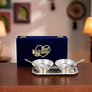 international gift german silver round bowl spoon tray or carry bag with best wishes tag with luxury velvet box packing used for dry fruit sweets snacks and return gifts