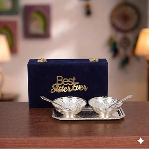 international gift german silver plated round bowl spoon tray or carry bag with best sister ever tag  german silver plated metal suitable for gifting serving home d cor and pooja