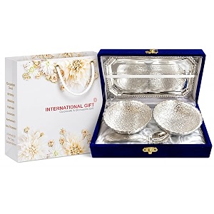 international gift german silver plated round bowl spoon tray or carry bag with raksha bandhan tag german silver plated metal suitable for gifting serving home d cor and pooja