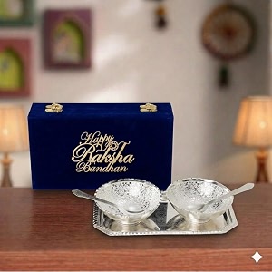 international gift german silver plated round bowl spoon tray or carry bag with happy raksha bandhan tag  german silver plated metal suitable for gifting serving home d cor and pooja