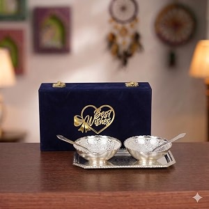 international gift german silver plated round bowl spoon tray or carry bag with best wishes tag  german silver plated metal suitable for gifting serving home d cor and pooja