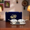 INTERNATIONAL GIFT German Silver Round Bowl Spoon Tray Or Carry Bag with Best Wishes Tag with Luxury Velvet Box Packing Used for Dry Fruit, Sweets, Snacks and Return Gifts
