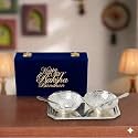 INTERNATIONAL GIFT German Silver Plated Round Bowl Spoon Tray Or Carry Bag with Happy Raksha Bandhan Tag | German Silver Plated Metal Suitable for Gifting, Serving, Home D cor and Pooja