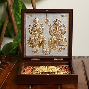 international gift gold plated laxmi ganesh idol charan paduka box  for pooja blessing amp return gift showpiece item