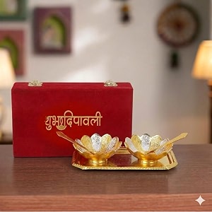 international gift golden lotus bowl spoon tray or carry bag with happy diwali customized box with luxury velvet box packing used for dry fruit sweets snacks and return gifts
