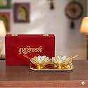 INTERNATIONAL GIFT Golden Lotus Bowl Spoon Tray Or Carry Bag with Happy Diwali Customized Box with Luxury Velvet Box Packing Used for Dry Fruit, Sweets, Snacks and Return Gifts