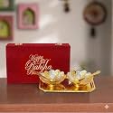 INTERNATIONAL GIFT� Golden Lotus Bowl Spoon Tray Or Carry Bag with Happy Raksha Bandhan Customized Box with Luxury Velvet Box Packing Used for Dry Fruit, Sweets, Snacks and Return Gifts