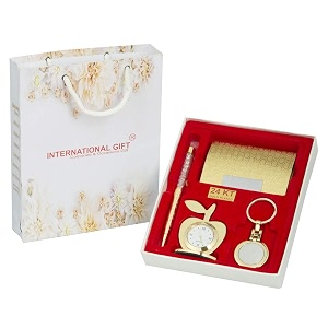 international gift golden pen visiting card holder apple shape clock and key ring with carry bag