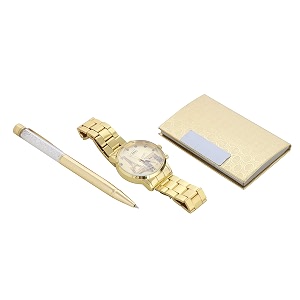 international gift golden pen visiting card holder and handwatch with carry bag set of 5 piece