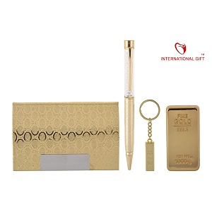 international gift golden pen visiting card holder paper weight and keyring with carry bag set of 5 piece