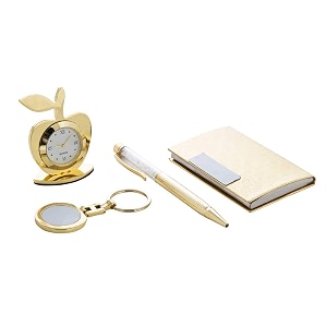 international gift golden pen visiting card holder apple shape clock and key ring with carry bag set of 5 piece