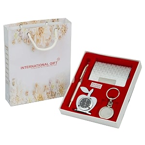 international gift silver ball pen and silver visiting card holder and silver apple shape clock and silver key ring silver pack of 4 with beautiful carry bag