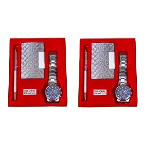 international gift silver plated pen visiting card holder and handwatch with carry bag set of 2 piece