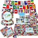 International World Flags Tableware Set, 142Pcs International Flags Decorations Plates and Napkins, Cups,Banner,Flags Tablecloth for Travel Trip Around the Globe Retirement Party