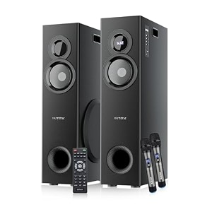 intex 1000-d multimedia 100 watt bluetooth tower speaker  2 cordless karaoke mic amp party speaker  led display amp triple bass boosted drivers  fully remote control black