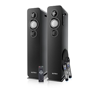 intex titan1400 d dual tower bluetooth speaker 140w high bass home audio system with mic aux usb fm support led display and remote bluetooth tower speaker for tv music and party use black