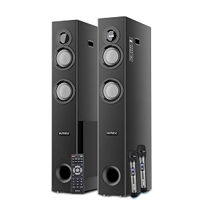 intex 1500-d multimedia 150 watt bluetooth tower speaker  2 cordless karaoke mic amp party speaker  led display amp triple bass boosted drivers  fully remote control black