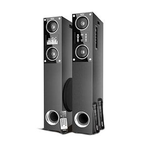 intex 2000-d multimedia 200 watt bluetooth tower speaker  2 cordless karaoke mic amp party speaker  led display amp triple bass boosted drivers  fully remote control black