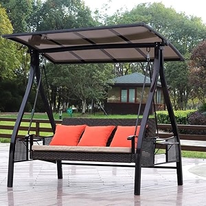 invezo luxury 3 seater wicker garden swing with hardtop pe rattan seat 3-seater patio swing with cushions cup holder 3 inch cushion thickness waterproof 300kgs holding capacity