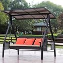 INVEZO Luxury 3 Seater Wicker Garden Swing with Hardtop, PE Rattan Seat, 3-Seater Patio Swing with Cushions, Cup Holder. (3 inch Cushion Thickness Waterproof) 300kgs Holding Capacity