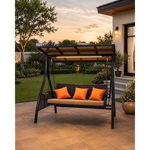invezo luxury outdoor garden swing for lawn 300kgs capacity waterproof hardroof with cup holders aluminium and wicker make with solar powered led