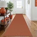 IOHOUZE Washable Runner Rug 2.6x10 Non Slip Rubber Backed Long Hallway Runner Entryway Runner Indoor, Kitchen Rugs Woven Cotton Floor Carpet for Hall Entrance, Burnt Orange/Tan