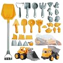 IOKUKI Long Shovel Sand Beach Toys with Big Excavator Toy, Dump Truck Toy, Construction Toys, Sand Castle Toys for Beach, Beach Rakes, Molds, Mesh Beach Bag for Kids, Toddlers, Boys & Girls (31 PCS)