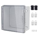 IP67 Waterproof Junction Box, ABS Plastic Electrical Enclosure with Stainless Steel Latch, Hinged Cover Electric Box with Mounting Plate, Wall Brackets &amp; Cable Glands 210x210x100