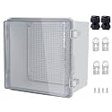 IP67 Waterproof Junction Box, ABS Plastic Electrical Enclosure with Stainless Steel Latch, Hinged Cover Electric Box with Mounting Plate, Wall Brackets &amp; Cable Glands 210x210x130