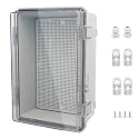IP67 Waterproof Junction Box, ABS Plastic Electrical Enclosure with Stainless Steel Latch, Hinged Cover Electric Box with Mounting Plate, Wall Brackets &amp; Cable Glands 300x200x130