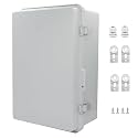 IP67 Waterproof Junction Box, ABS Plastic Electrical Enclosure with Stainless Steel Latch, Hinged Cover Electric Box with Mounting Plate, Wall Brackets &amp; Cable Glands 300x200x130