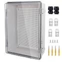 IP67 Waterproof Junction Box, ABS Plastic Electrical Enclosure with Stainless Steel Latch, Hinged Cover Electric Box with Mounting Plate, Wall Brackets &amp; Cable Glands 370x270x150