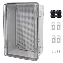 IP67 Waterproof Junction Box, ABS Plastic Electrical Enclosure with Stainless Steel Latch, Hinged Cover Electric Box with Mounting Plate, Wall Brackets &amp; Cable Glands 290x190x140