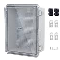 IP67 Waterproof Junction Box, ABS Plastic Electrical Enclosure with Stainless Steel Latch, Hinged Cover Electric Box with Mounting Plate, Wall Brackets &amp; Cable Glands 210x160x100mm