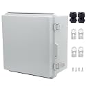 IP67 Waterproof Junction Box, ABS Plastic Electrical Enclosure with Stainless Steel Latch, Hinged Cover Electric Box with Mounting Plate, Wall Brackets &amp; Cable Glands 210x210x130