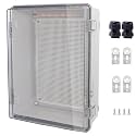 IP67 Waterproof Junction Box, ABS Plastic Electrical Enclosure with Stainless Steel Latch, Hinged Cover Electric Box with Mounting Plate, Wall Brackets &amp; Cable Glands 380x280x130mm