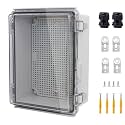 IP67 Waterproof Junction Box, ABS Plastic Electrical Enclosure with Stainless Steel Latch, Hinged Clear Cover Electric Box with Mounting Plate, Wall Brackets &amp; Cable Glands 220x170x110mm