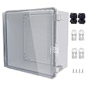 IP67 Waterproof Junction Box, ABS Plastic Electrical Enclosure with Stainless Steel Latch, Hinged Cover Electric Box with Mounting Plate, Wall Brackets &amp; Cable Glands 300x300x180mm