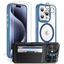 Temdan Flip Case for iPhone 15 Pro Case Clear with Screen Protector, Wallet Case with Card Holder, Credit Slots Kickstand, Shockproof Slim Magnetic Phone Case Cover, Clear Blue