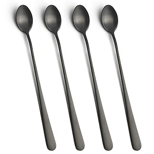 iqcwood long handle ice tea spoons 9-inch black coffee stirrers stainless steel coffee bar spoon long tea spoon cocktail spoons for stirring set of 4