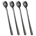 IQCWOOD Long Handle Ice Tea Spoons, 9-inch Black Coffee Stirrers, Stainless Steel Coffee Bar Spoon, Long Tea Spoon Cocktail Spoons for Stirring, Set of 4