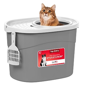 iris top entry cat litter box with scoop gray and white
