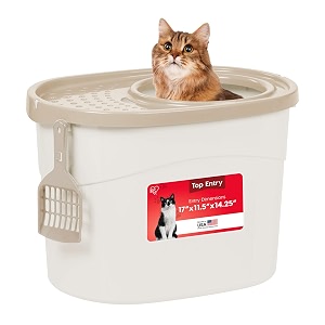 iris top entry cat litter box with scoop whitebeige