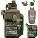 Iron Infidel Battle Bottle - Half Gallon Water Bottle Insulated, 64 oz Stainless Steel Water Jug with Handle- Gym Water Bottle for Men with Rugged Sleeve for Storage (Woodland 2 Liter)
