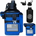 Iron Infidel Battle Bottle - Half Gallon Insulated Water Bottle with Paracord Handle, Large 64 oz Stainless Steel Water Jug with Rugged, Removable Sleeve for Keys, Wallet &amp; Phone (Blue Line 2 Liter)
