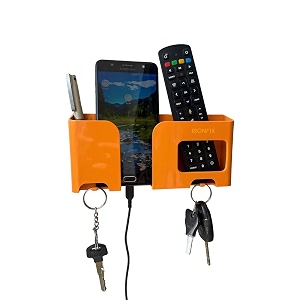 ironfix 3in1 self adhesive multipurpose mobile holder for home wall charging wall mount phone holder wall mobile phone charging stand for mobile remotestationarypen storage box orange