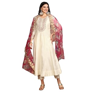 ishin White Floral Embroidered Thread Work Straight